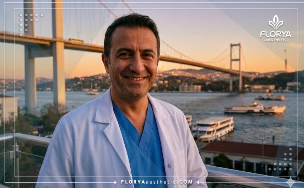 Doctor amable y profesional en Estambul con vistas reconocibles de la ciudad