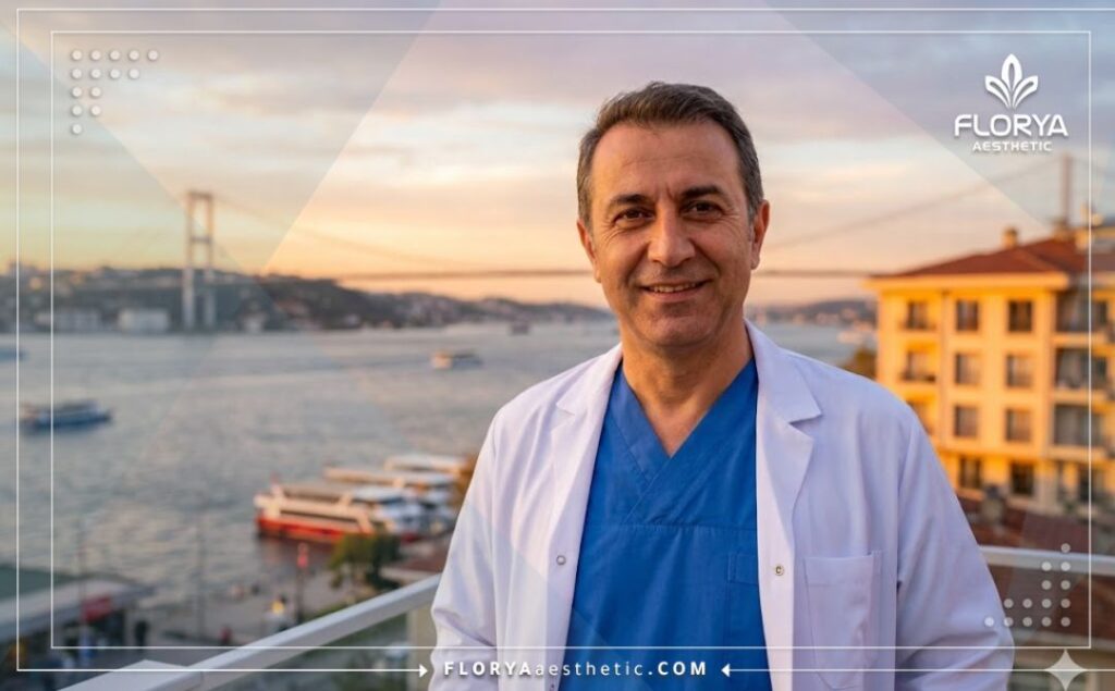 Chirurgien esthétique souriant devant le pont du Bosphore à Istanbul.