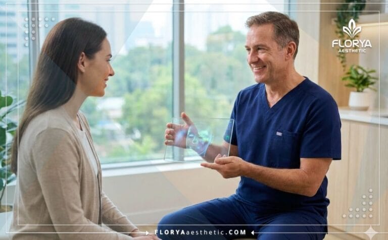Médecin professionnel expliquant Mon expérience de mini lifting en Turquie sur une tablette.