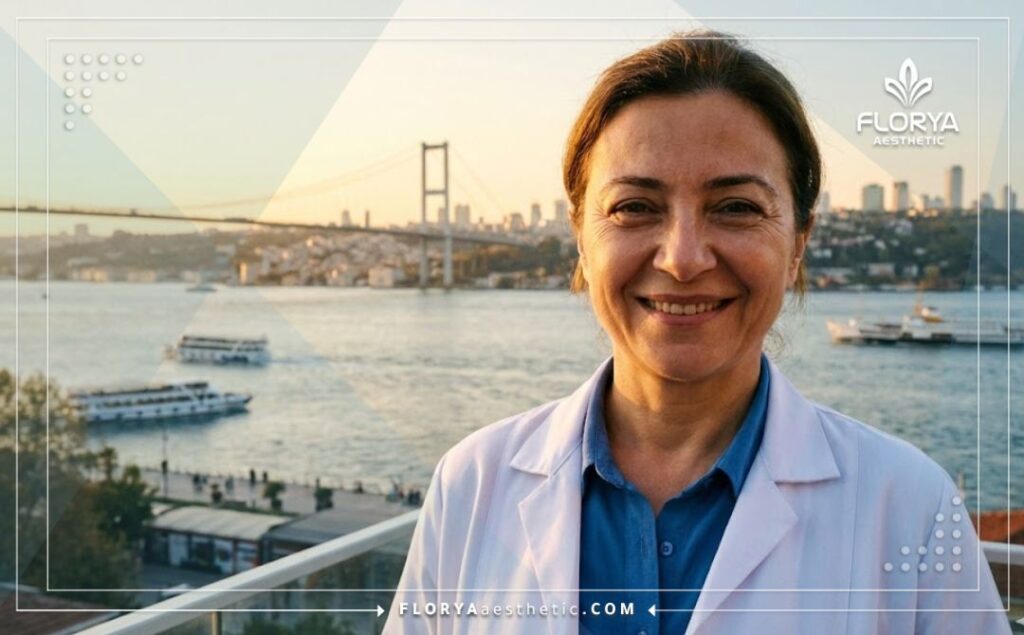 Médecin souriant accueillant chaleureusement les patients avec le paysage d'Istanbul en arrière-plan