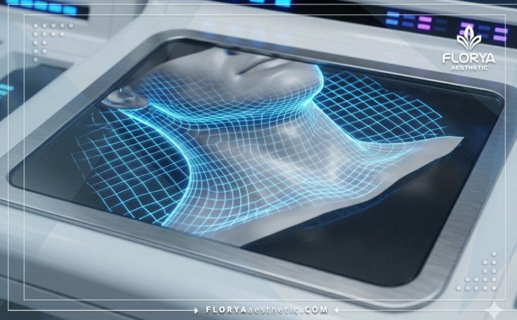 High-tech 3D mesh scan focusing on the neck and jawline anatomy.