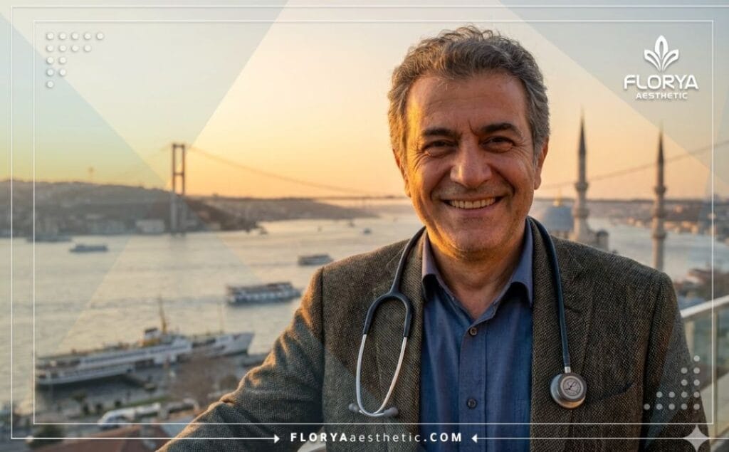 Friendly plastic surgeon in Istanbul with Bosphorus Bridge background.