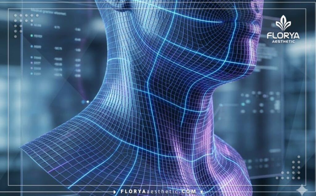 Visualisation numérique 3D de la zone du cou avec un maillage technologique.