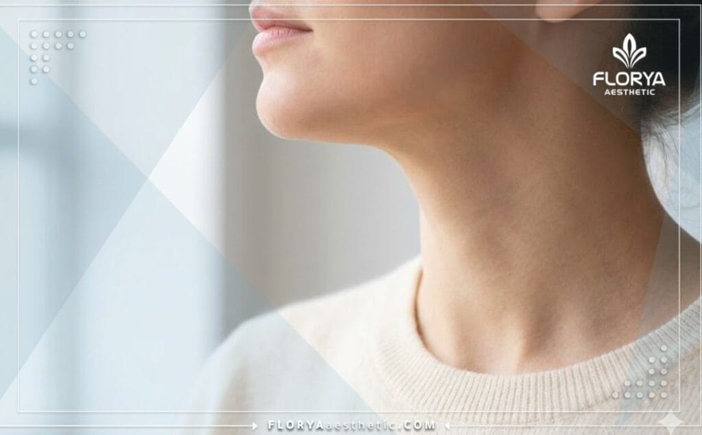 Close-up of a flawless neck and jawline after a successful lift procedure.