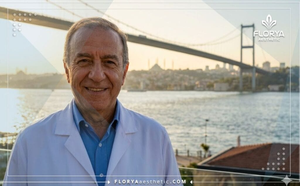 Professional doctor standing in front of Istanbul Bosphorus welcoming patients.