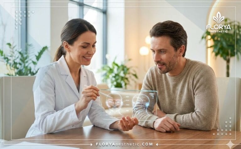 Médico profesional mostrando un plan digital sobre Mi experiencia con el rejuvenecimiento facial sin cirugía.