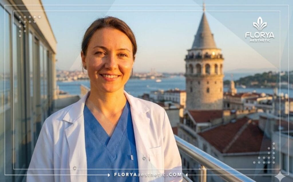 Oftalmólogo amable en Estambul con la Torre de Gálata de fondo