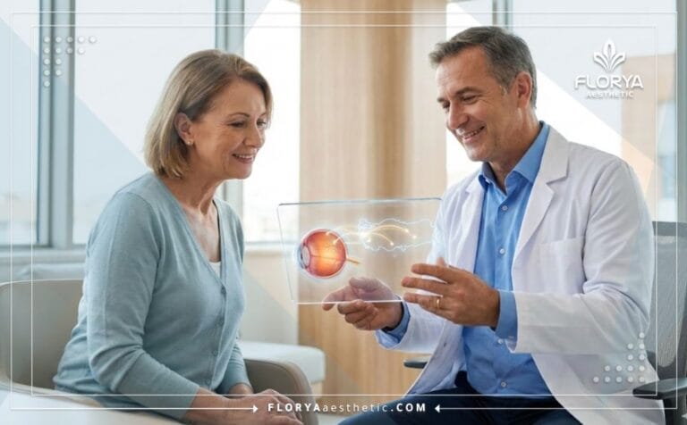 Doctor mostrando plan digital para Cirugía de desprendimiento de retina en Turquía