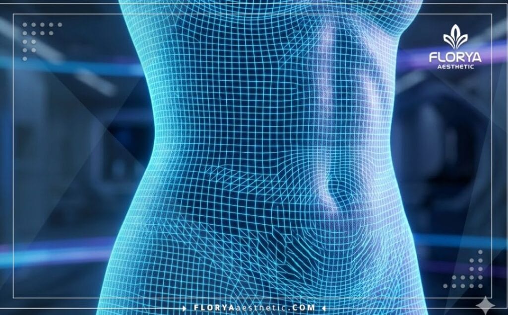 مسح ثلاثي الأبعاد دقيق لمنطقة البطن والخصر يوضح طبوغرافيا الجسم بدقة عالية.
