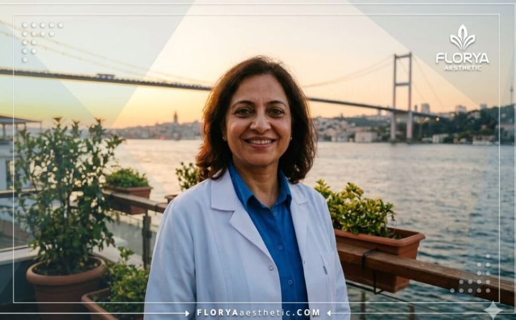 طبيب تجميل مبتسم يرحب بالمرضى في اسطنبول مع ظهور جسر البوسفور في الخلفية.