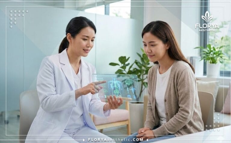 Médecin expliquant les Risques de la Liposuccion 360 en Turquie sur une tablette numérique.