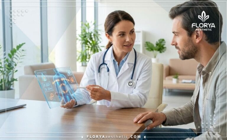 Médecin professionnel expliquant les Risques de la liposuccion avec raffermissement cutané à un patient via une technologie numérique.