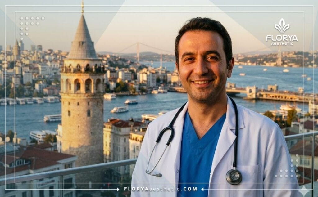 Friendly ophthalmologist in Istanbul with Bosphorus view background.