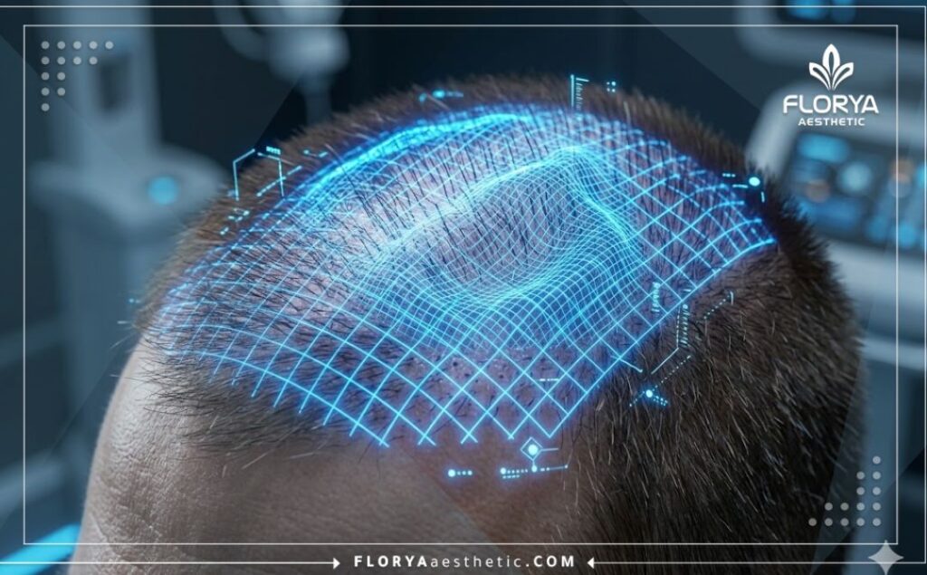 مسح ثلاثي الأبعاد لفروة الرأس يوضح دقة توزيع بصيلات الشعر.