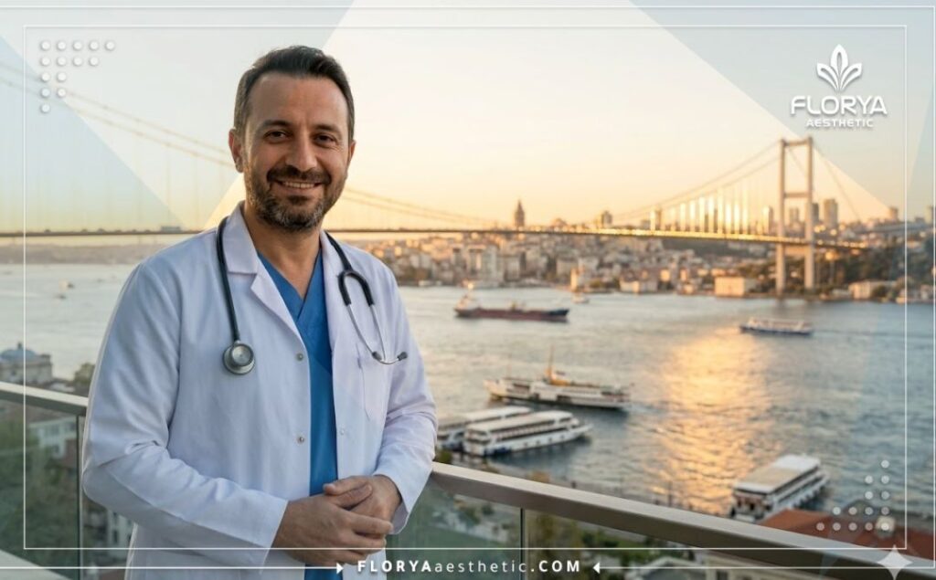 طبيب مبتسم يرحب بالمرضى مع خلفية جسر البوسفور في اسطنبول.