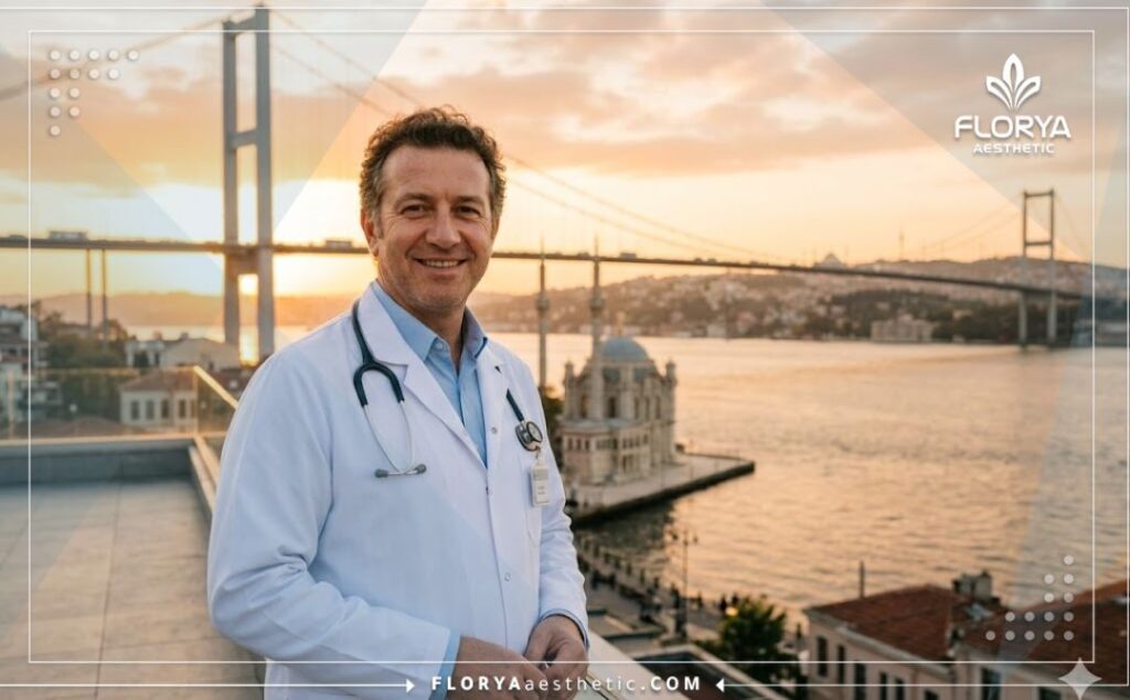 Приветливый специалист по пересадке волос на фоне знакового моста в Стамбуле