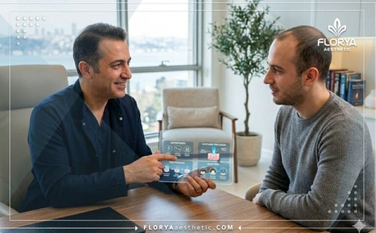 Médecin utilisant une technologie numérique pour montrer les Avantages de la Greffe de Cheveux Saphir en Turquie