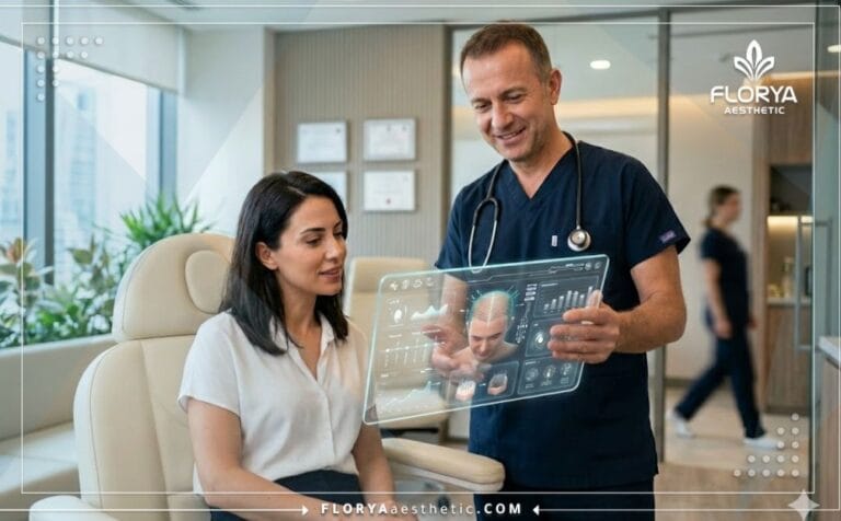 Médecin discutant des Risques de la greffe de cheveux Saphir en Turquie avec un patient sur une tablette numérique.