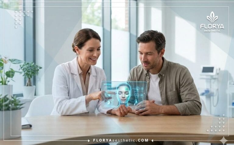 Médico estético mostrando Opiniones Skinboosters en Turquía en una tableta digital avanzada