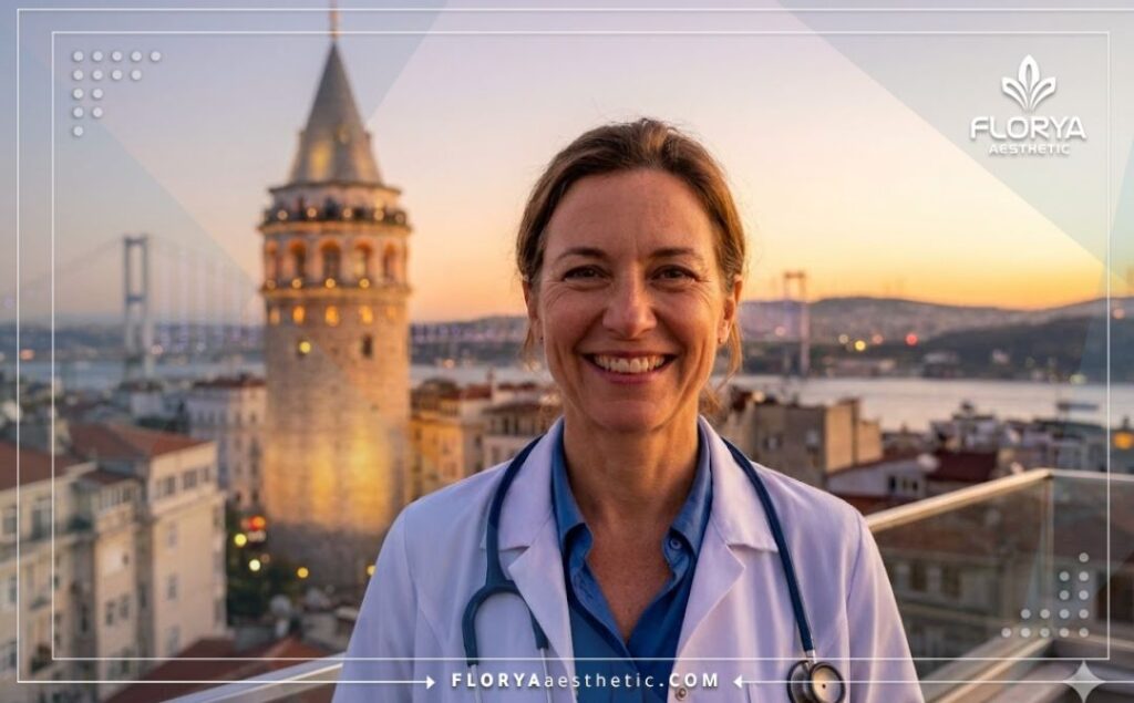 Приветливый врач в Стамбуле на фоне моста через Босфор