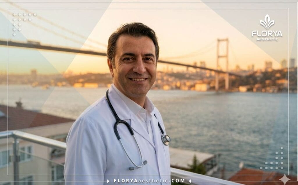 Chirurgien accueillant invitant les patients à Istanbul avec vue sur la ville.
