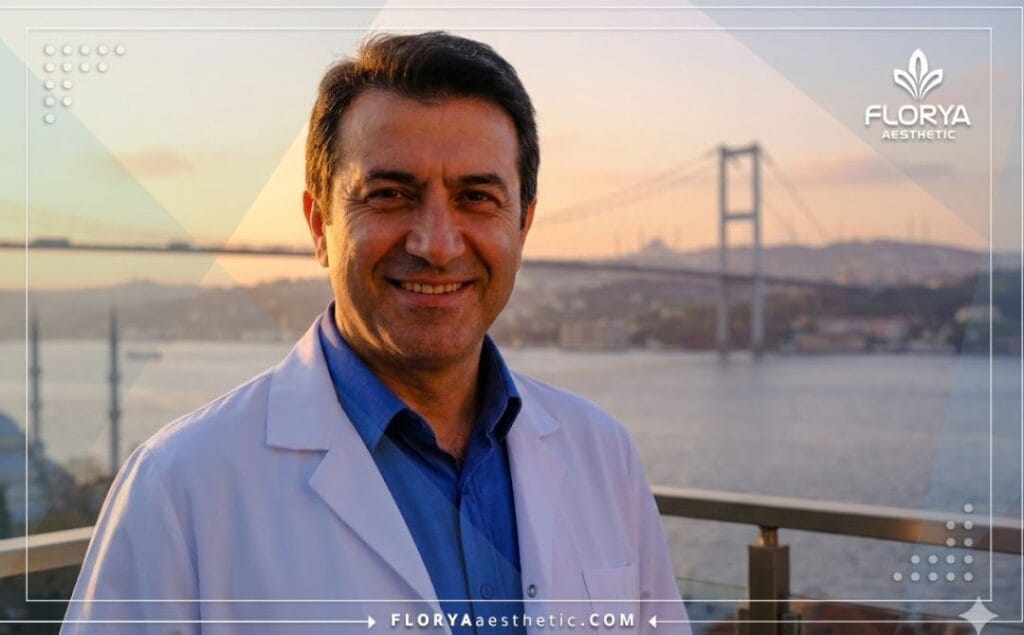 Friendly doctor standing in front of the Bosphorus Bridge inviting patients for SmartLipo in Istanbul.