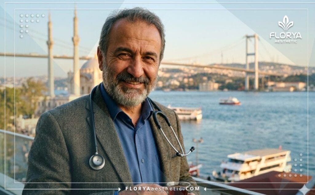 Cirujano amable recibiendo pacientes en Estambul con el Bósforo de fondo.