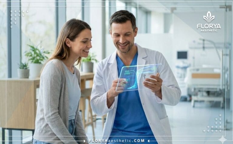 Doctor profesional planificando digitalmente un Lifting de muslos en Turquía en una tablet.