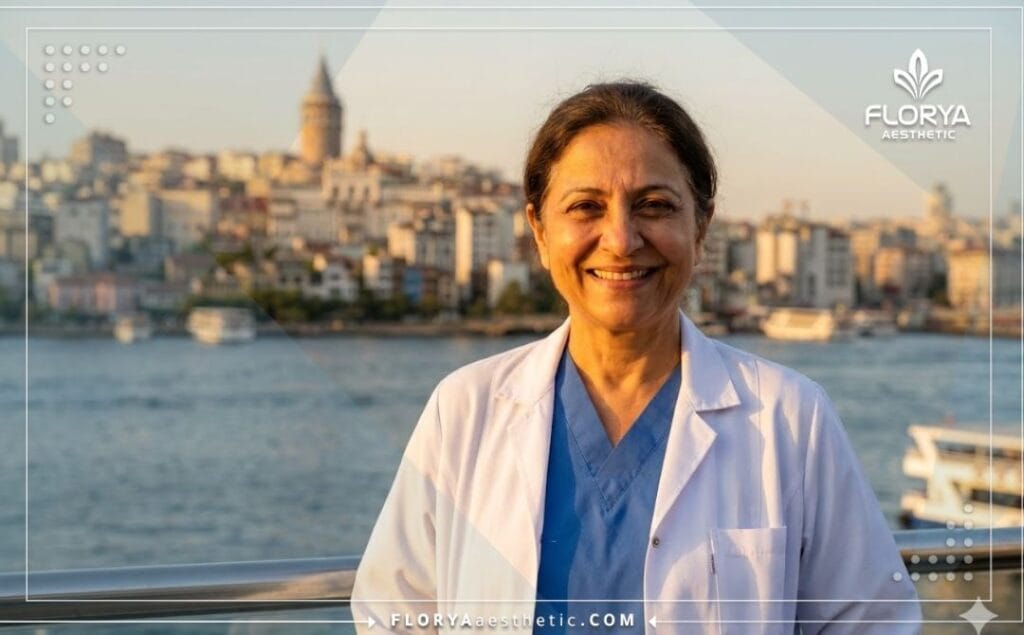 Cirujano amigable dando la bienvenida a Estambul con el Bósforo de fondo.