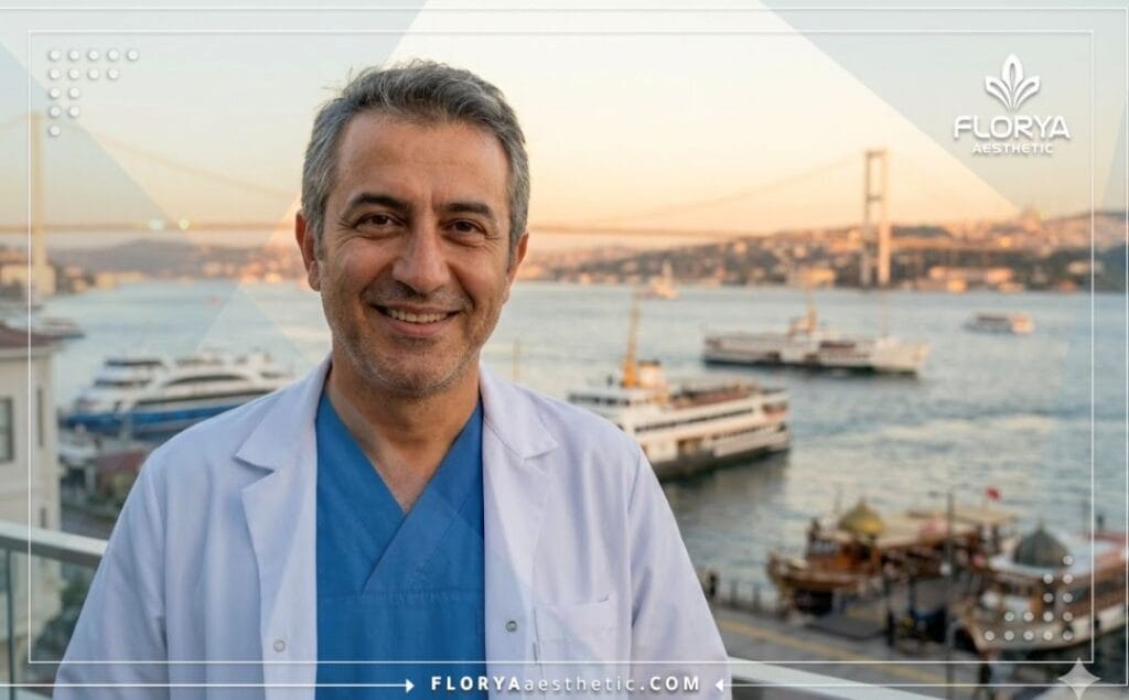 طبيب تجميل ودود يبتسم مع خلفية جسر البوسفور في اسطنبول