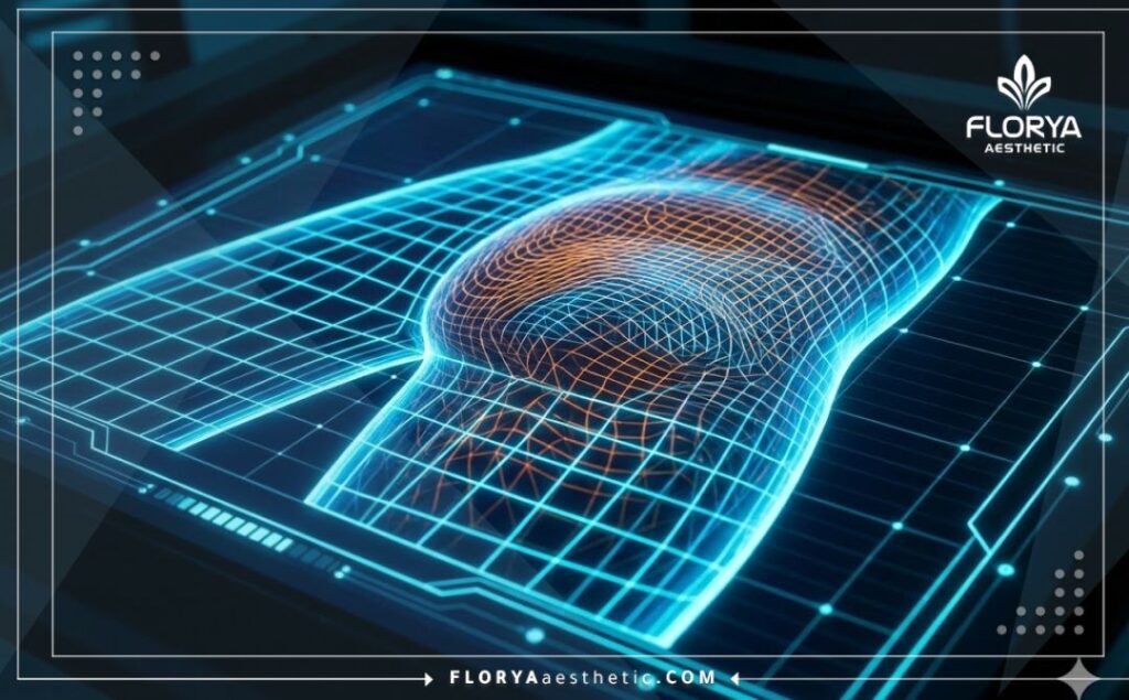 Advanced 3D topographic scan of the thigh area for precise fat removal planning.