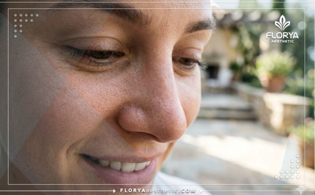 Крупный план идеального результата коррекции кончика носа.