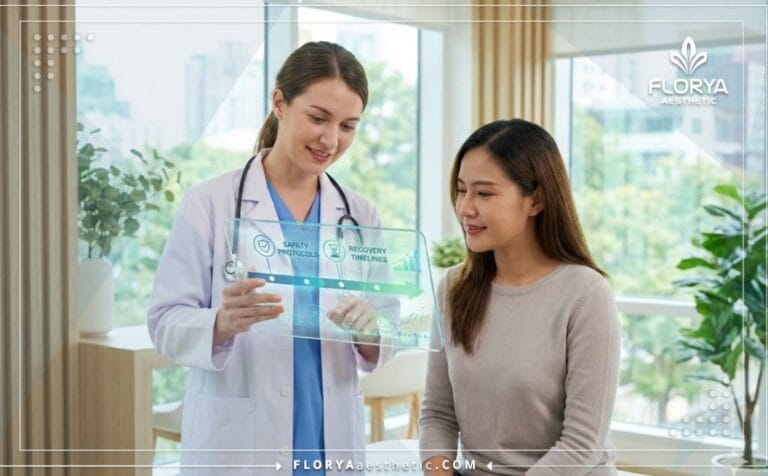 Médecin expliquant les Risques Abdominoplastie Turquie sur tablette.