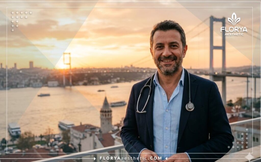 طبيب تجميل ودود يرحب بالمرضى في إسطنبول مع جسر البوسفور في الخلفية.