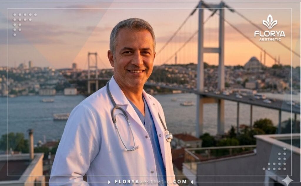 Friendly cosmetic surgeon standing with the iconic Bosphorus Bridge in the background