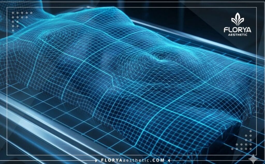 Escaneo digital 3D de la zona abdominal para planificación de liposucción.