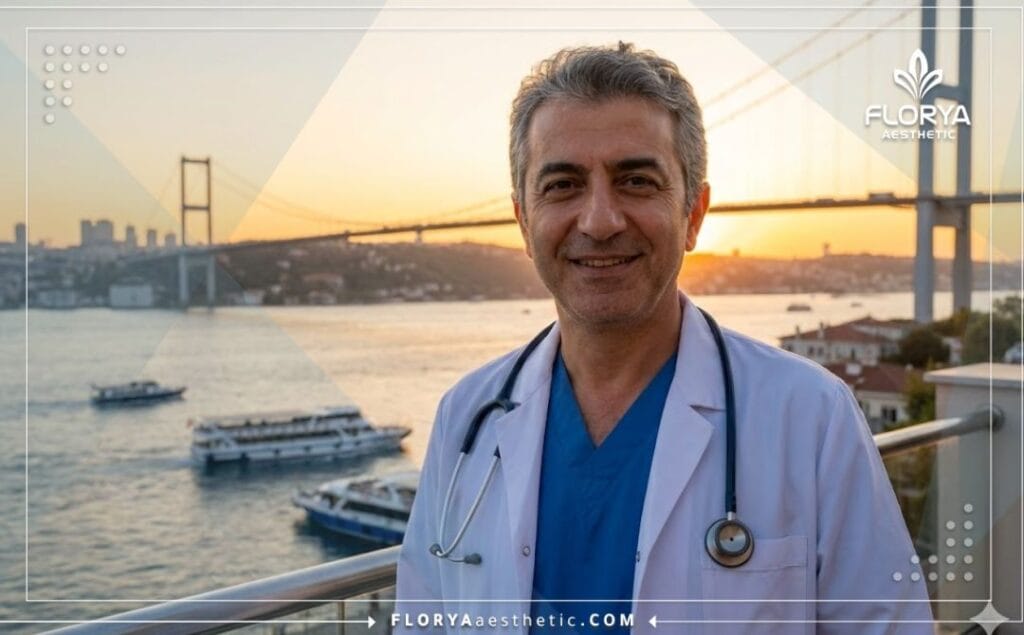 Cirujano amigable con la Torre Galata de Estambul al fondo durante la hora dorada