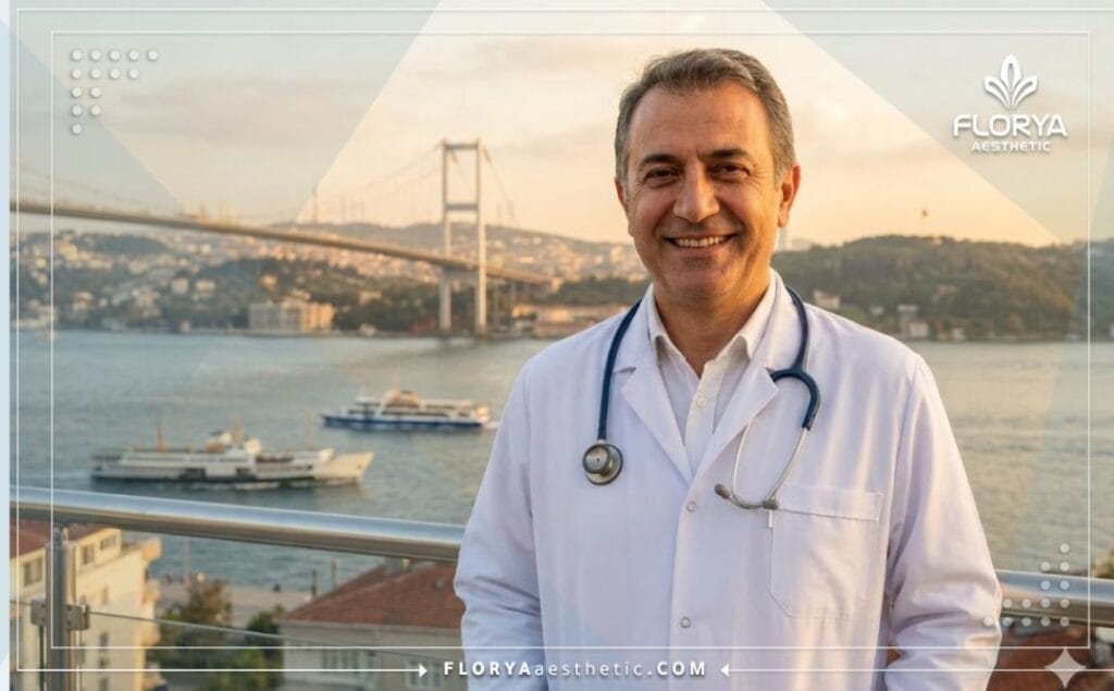 طبيب تجميل ودود يرحب بالمرضى في إسطنبول مع خلفية البوسفور