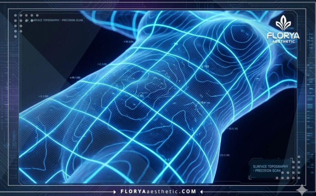 High-tech 3D topographical mesh scan highlighting the waist and torso area for precision planning.