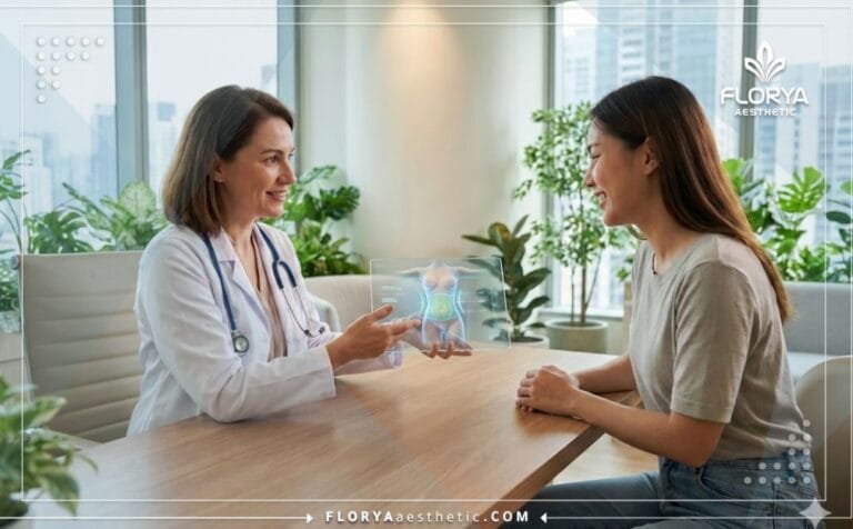 Doctor profesional mostrando el plan digital de escultura de cintura en Turquía en una tableta.