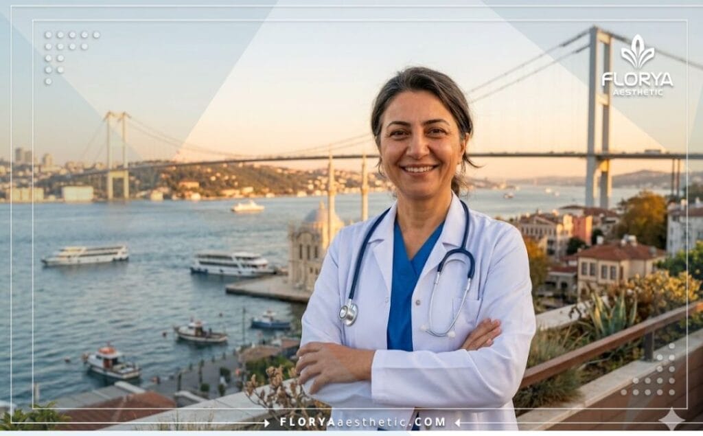 Médico sonriente dando la bienvenida a los pacientes en Estambul durante la hora dorada.