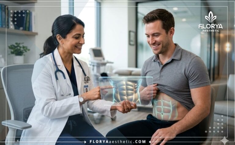 Doctor explaining Abdominal Etching Benefits to a patient using advanced digital tech
