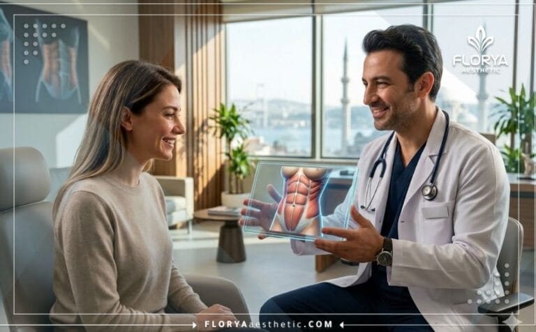 Professional doctor explaining the digital treatment plan for Abdominal Etching in Turkey