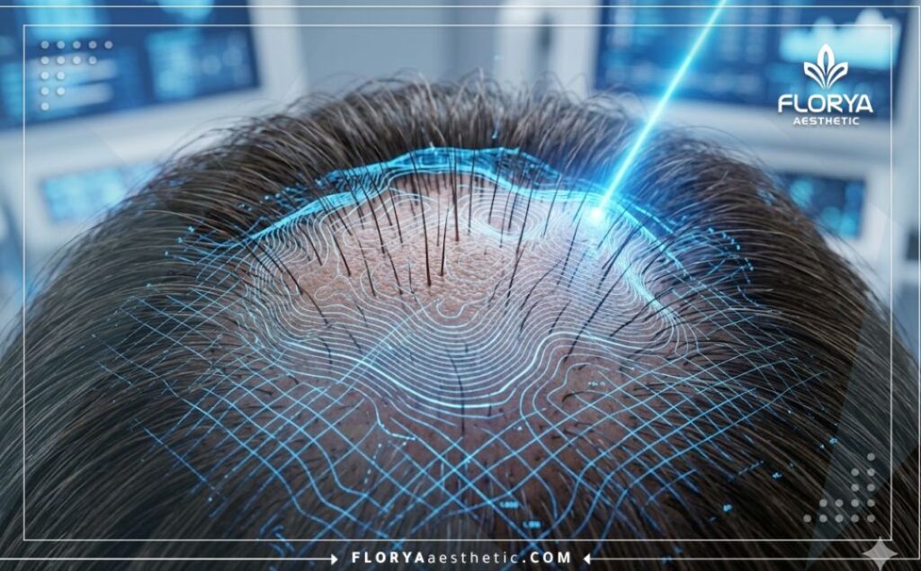 Детальное 3D-сканирование кожи головы, показывающее высокую точность процедуры.