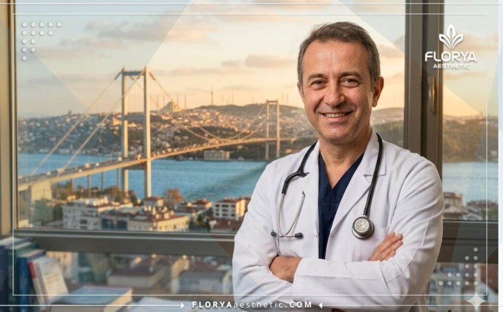 Cirujano amable invitando a pacientes a Estambul para tratamiento.