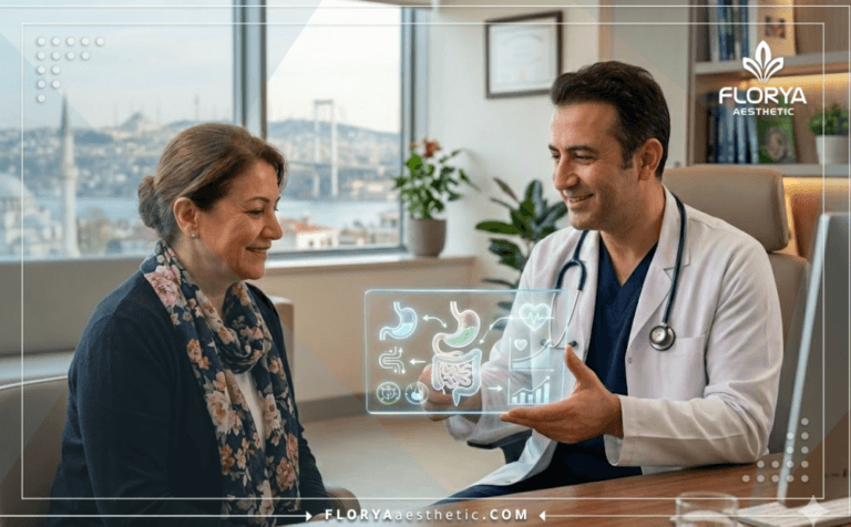 Doctor profesional explicando las Ventajas del cruce duodenal en Turquía mediante tecnología digital