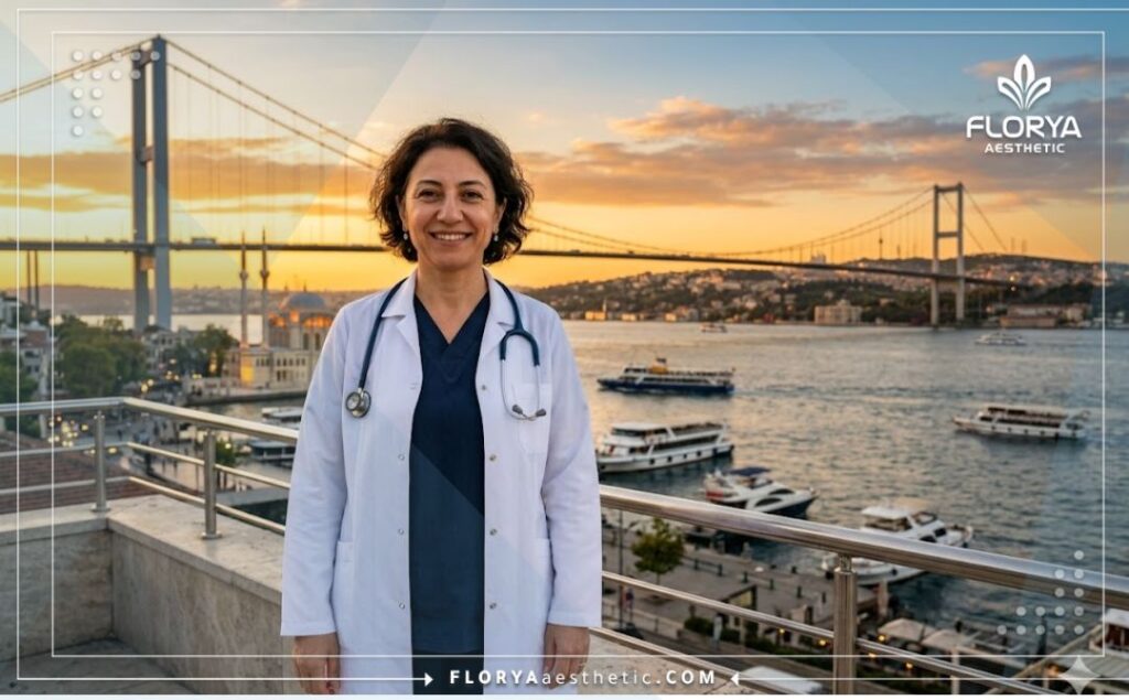 Приветливый доктор на фоне Галатской башни в Стамбуле.