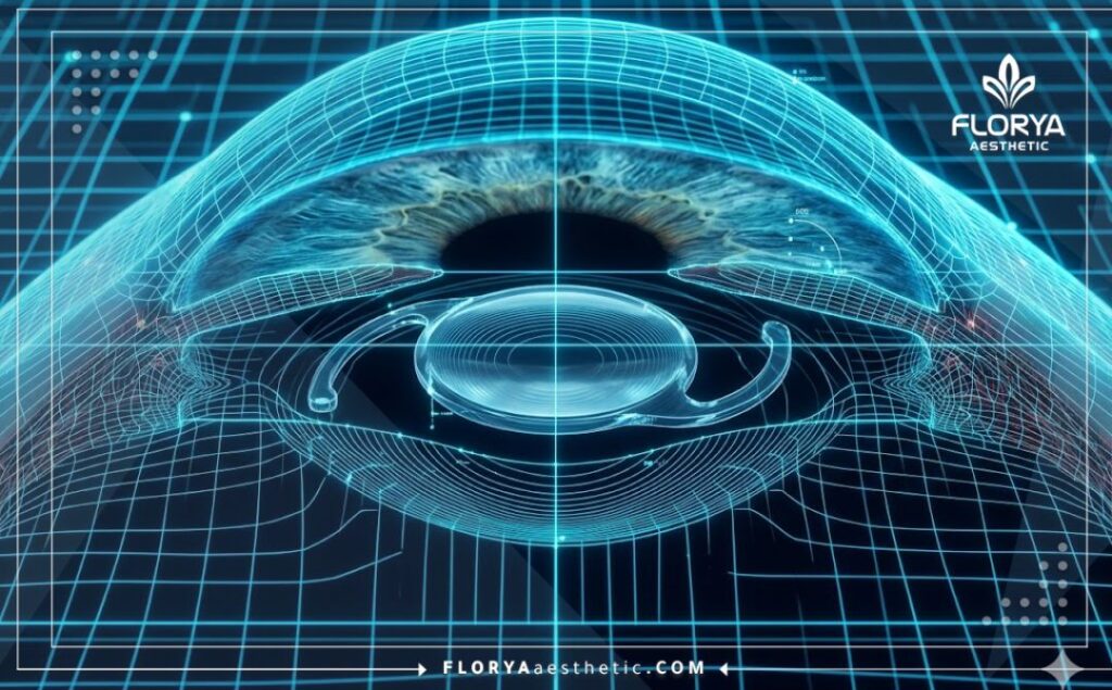 High-tech 3D scan of the eye highlighting the position for an American intraocular lens.