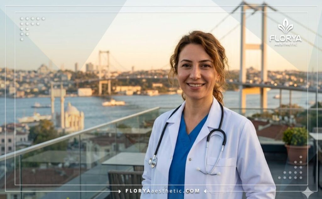 طبيب عيون يبتسم للمرضى مع خلفية لمعالم إسطنبول السياحية