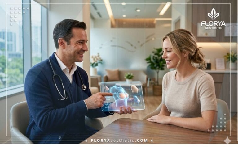 Professional doctor explaining the Benefits of Silicone Breast Augmentation using digital technology
